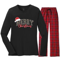 Merry Christmas Leopard Merry Christmas Varsity With Santa Hat Women's Long Sleeve Flannel Pajama Set 