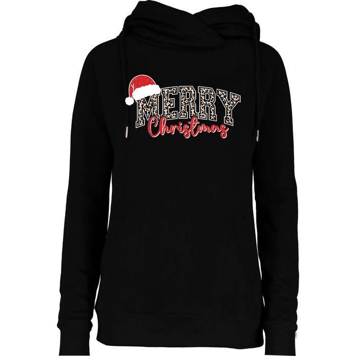 Merry Christmas Leopard Merry Christmas Varsity With Santa Hat Womens Funnel Neck Pullover Hood