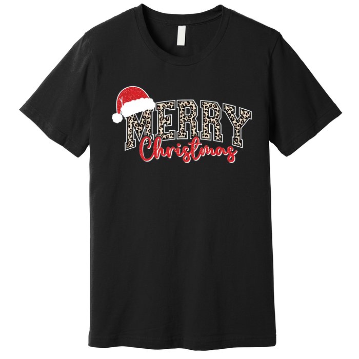 Merry Christmas Leopard Merry Christmas Varsity With Santa Hat Premium T-Shirt