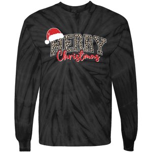 Merry Christmas Leopard Merry Christmas Varsity With Santa Hat Tie-Dye Long Sleeve Shirt