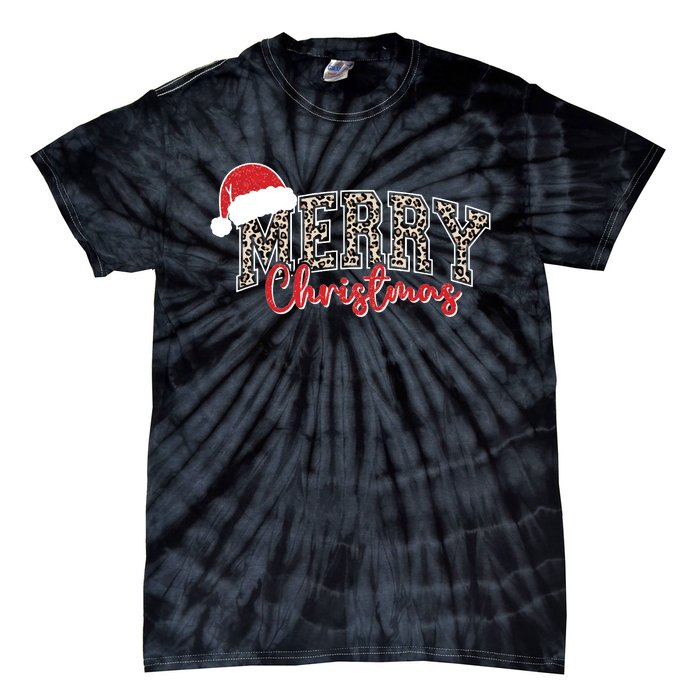 Merry Christmas Leopard Merry Christmas Varsity With Santa Hat Tie-Dye T-Shirt