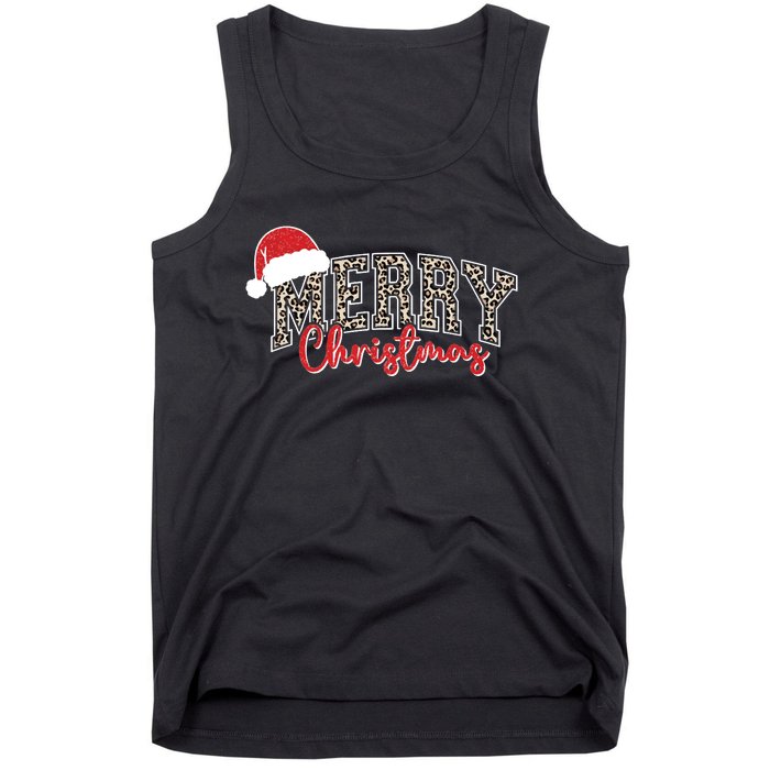 Merry Christmas Leopard Merry Christmas Varsity With Santa Hat Tank Top