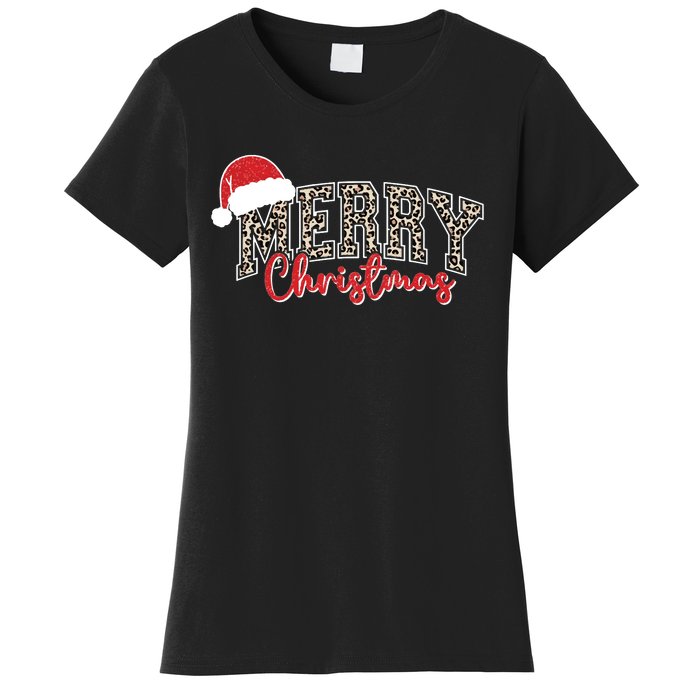 Merry Christmas Leopard Merry Christmas Varsity With Santa Hat Women's T-Shirt