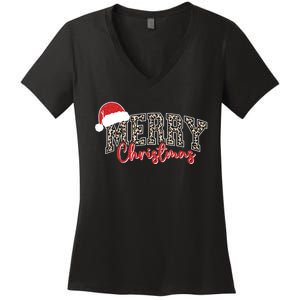 Merry Christmas Leopard Merry Christmas Varsity With Santa Hat Women's V-Neck T-Shirt