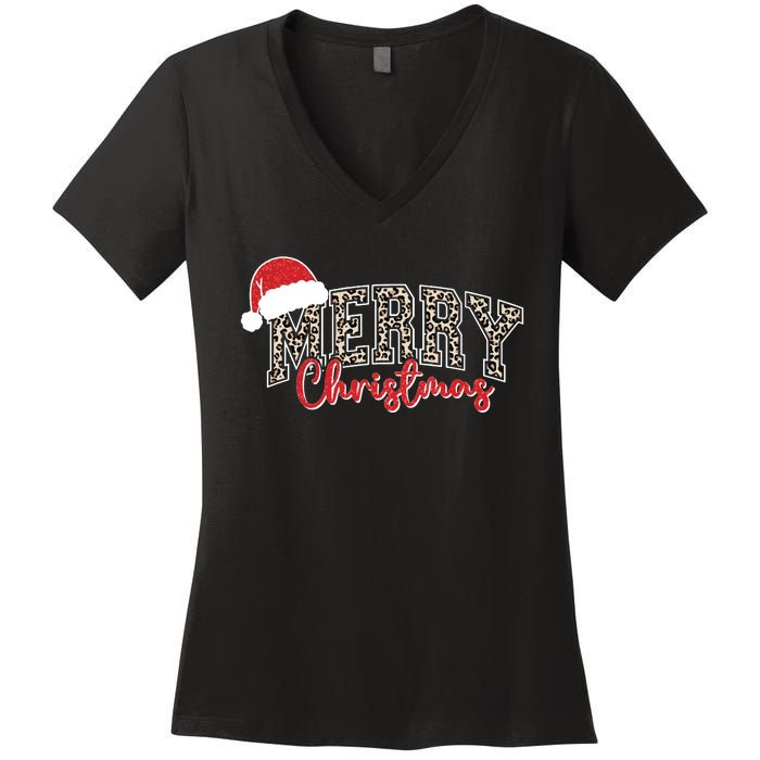 Merry Christmas Leopard Merry Christmas Varsity With Santa Hat Women's V-Neck T-Shirt