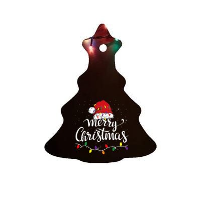 Merry Christmas Lights Red Santa Hat Xmas Family Ceramic Tree Ornament