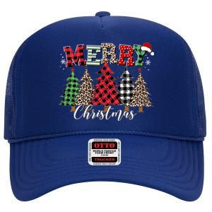 Merry Christmas Leopard Buffalo Red Plaid Meaningful Gift High Crown Mesh Back Trucker Hat