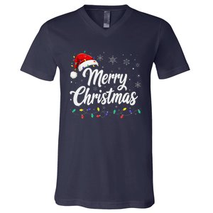 Merry Christmas Lights Red Family Santa Hat Xmas V-Neck T-Shirt