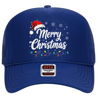 Merry Christmas Lights Red Family Santa Hat Xmas High Crown Mesh Back Trucker Hat