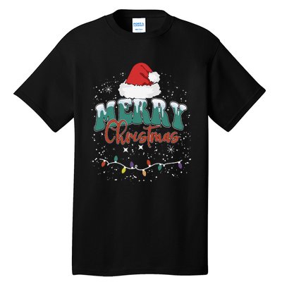 Merry Christmas Led Lights Red Santa Hat Family Tall T-Shirt