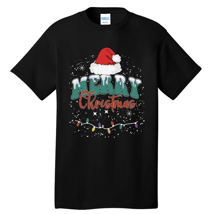 Merry Christmas Led Lights Red Santa Hat Family Tall T-Shirt