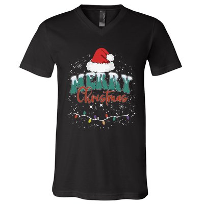 Merry Christmas Led Lights Red Santa Hat Family V-Neck T-Shirt