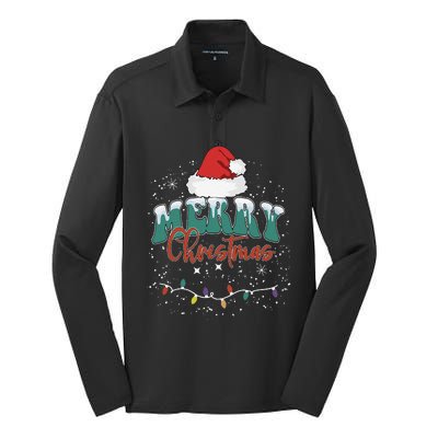 Merry Christmas Led Lights Red Santa Hat Family Silk Touch Performance Long Sleeve Polo