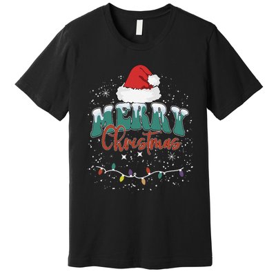 Merry Christmas Led Lights Red Santa Hat Family Premium T-Shirt