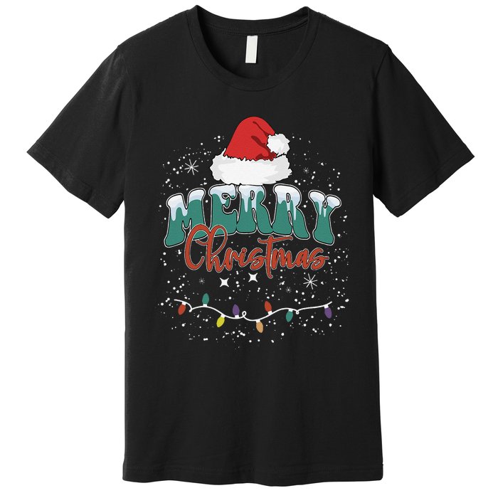 Merry Christmas Led Lights Red Santa Hat Family Premium T-Shirt