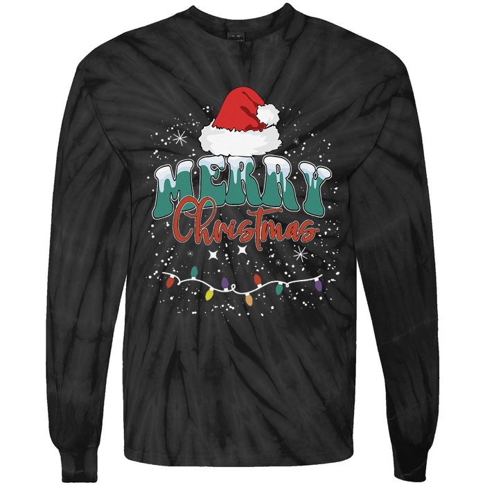 Merry Christmas Led Lights Red Santa Hat Family Tie-Dye Long Sleeve Shirt