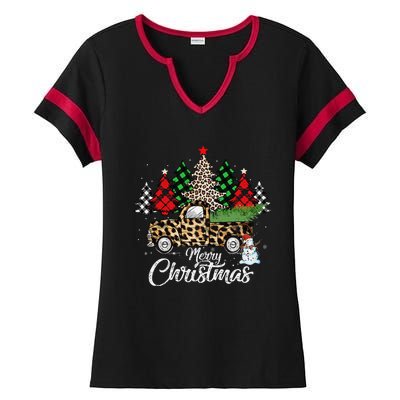 Merry Christmas Leopard Truck Buffalo Plaid Xmas Trees Party Ladies Halftime Notch Neck Tee