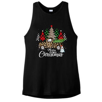 Merry Christmas Leopard Truck Buffalo Plaid Xmas Trees Party Ladies PosiCharge Tri-Blend Wicking Tank