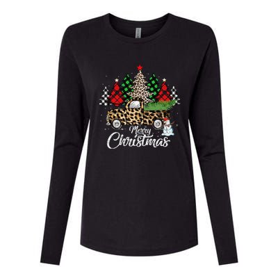 Merry Christmas Leopard Truck Buffalo Plaid Xmas Trees Party Womens Cotton Relaxed Long Sleeve T-Shirt