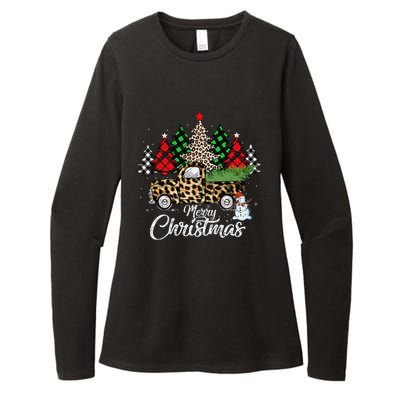 Merry Christmas Leopard Truck Buffalo Plaid Xmas Trees Party Womens CVC Long Sleeve Shirt