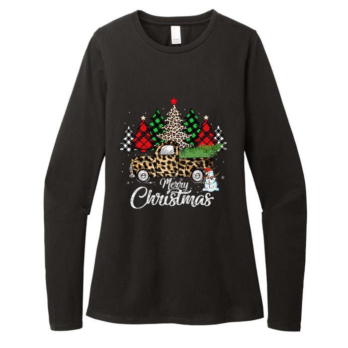 Merry Christmas Leopard Truck Buffalo Plaid Xmas Trees Party Womens CVC Long Sleeve Shirt