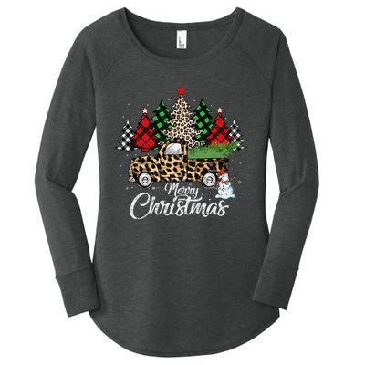 Merry Christmas Leopard Truck Buffalo Plaid Xmas Trees Party Women's Perfect Tri Tunic Long Sleeve Shirt