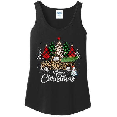 Merry Christmas Leopard Truck Buffalo Plaid Xmas Trees Party Ladies Essential Tank