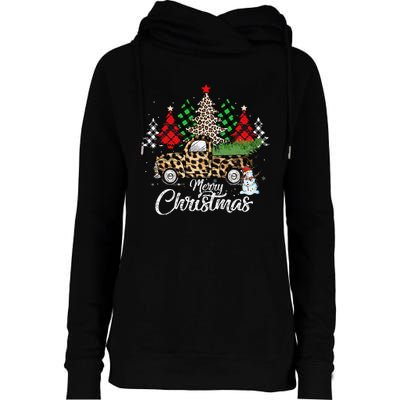 Merry Christmas Leopard Truck Buffalo Plaid Xmas Trees Party Womens Funnel Neck Pullover Hood