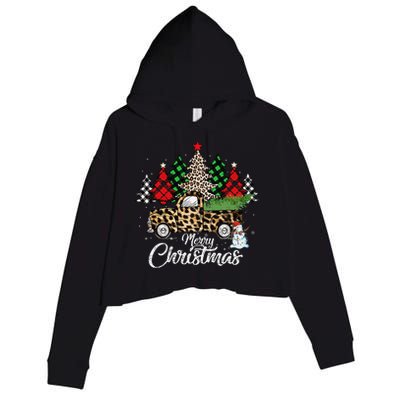 Merry Christmas Leopard Truck Buffalo Plaid Xmas Trees Party Crop Fleece Hoodie