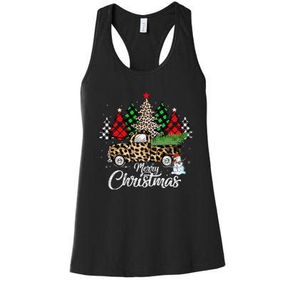 Merry Christmas Leopard Truck Buffalo Plaid Xmas Trees Party Women's Racerback Tank