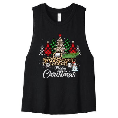 Merry Christmas Leopard Truck Buffalo Plaid Xmas Trees Party Women's Racerback Cropped Tank