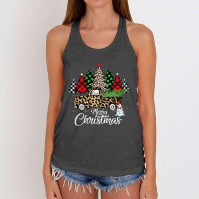 Merry Christmas Leopard Truck Buffalo Plaid Xmas Trees Party Women's Knotted Racerback Tank