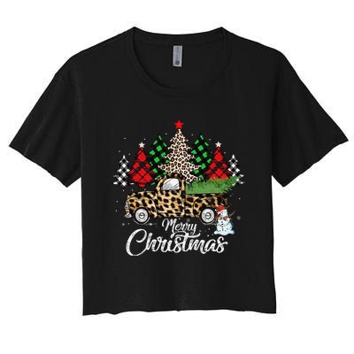 Merry Christmas Leopard Truck Buffalo Plaid Xmas Trees Party Women's Crop Top Tee