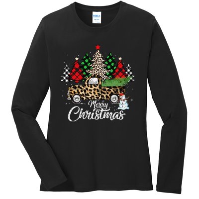 Merry Christmas Leopard Truck Buffalo Plaid Xmas Trees Party Ladies Long Sleeve Shirt