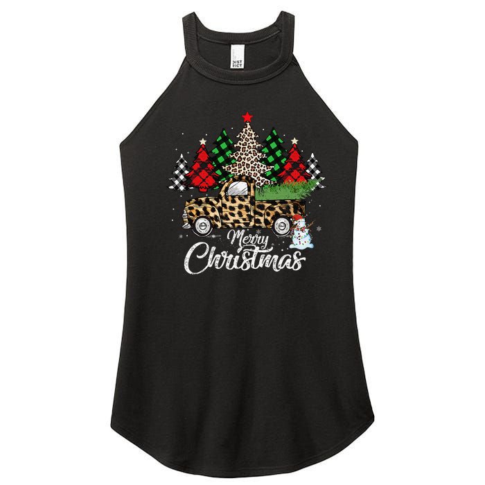 Merry Christmas Leopard Truck Buffalo Plaid Xmas Trees Party Women's Perfect Tri Rocker Tank