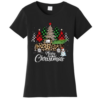 Merry Christmas Leopard Truck Buffalo Plaid Xmas Trees Party Women's T-Shirt