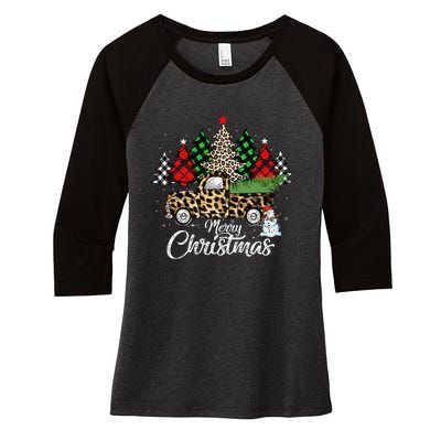 Merry Christmas Leopard Truck Buffalo Plaid Xmas Trees Party Women's Tri-Blend 3/4-Sleeve Raglan Shirt