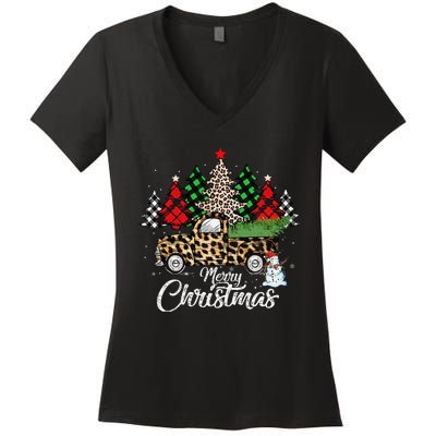 Merry Christmas Leopard Truck Buffalo Plaid Xmas Trees Party Women's V-Neck T-Shirt