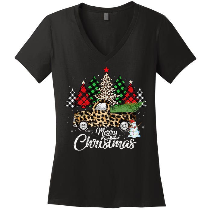 Merry Christmas Leopard Truck Buffalo Plaid Xmas Trees Party Women's V-Neck T-Shirt