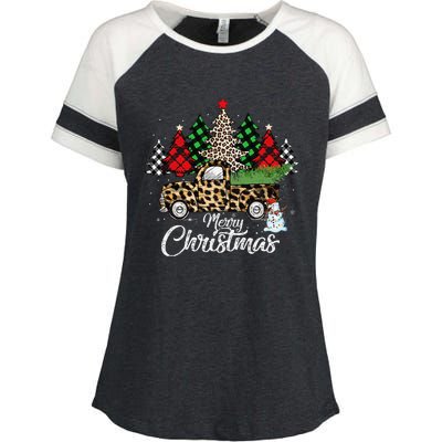 Merry Christmas Leopard Truck Buffalo Plaid Xmas Trees Party Enza Ladies Jersey Colorblock Tee