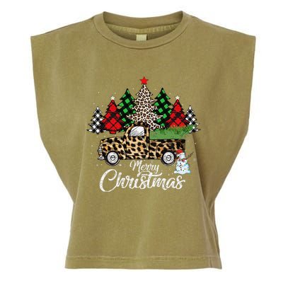 Merry Christmas Leopard Truck Buffalo Plaid Xmas Trees Party Garment-Dyed Women's Muscle Tee