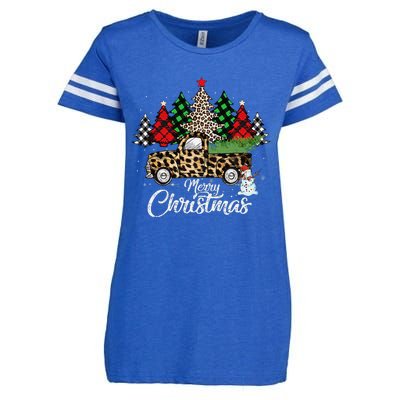 Merry Christmas Leopard Truck Buffalo Plaid Xmas Trees Party Enza Ladies Jersey Football T-Shirt