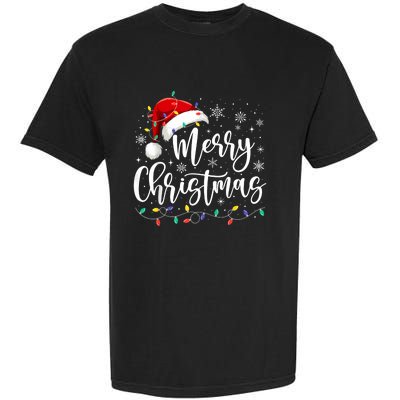 Merry Christmas Lights Red Santa Hat Xmas Family Garment-Dyed Heavyweight T-Shirt