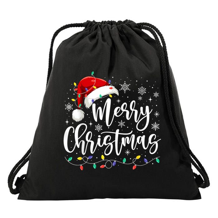 Merry Christmas Lights Red Santa Hat Xmas Family Drawstring Bag