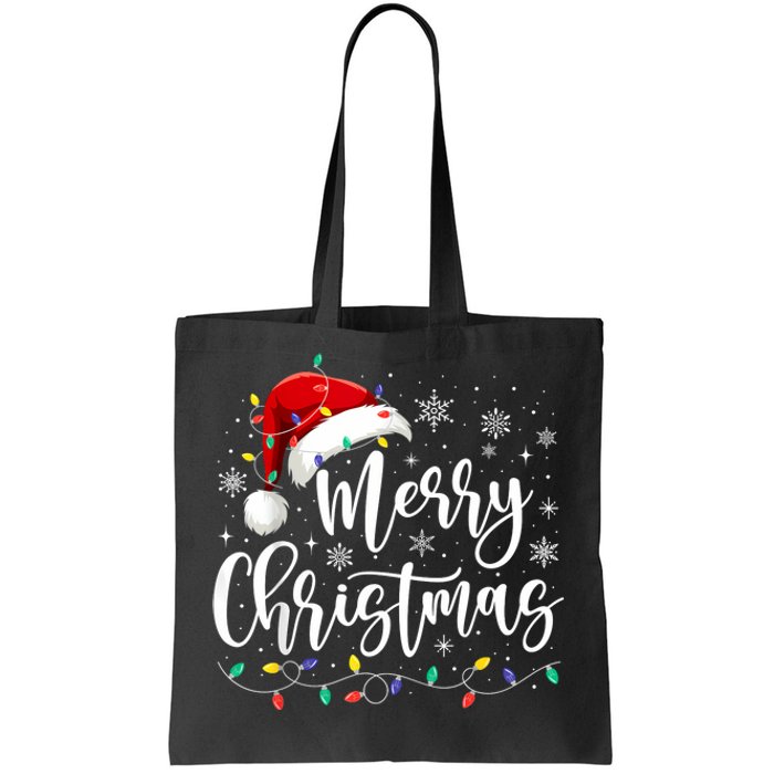 Merry Christmas Lights Red Santa Hat Xmas Family Tote Bag