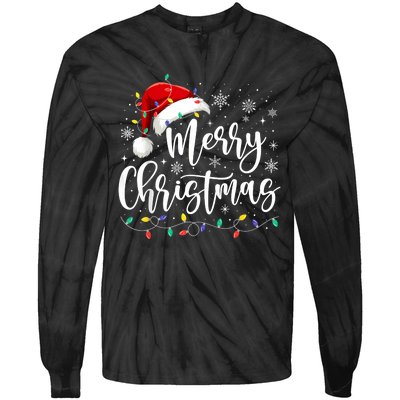 Merry Christmas Lights Red Santa Hat Xmas Family Tie-Dye Long Sleeve Shirt