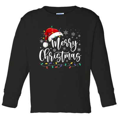 Merry Christmas Lights Red Santa Hat Xmas Family Toddler Long Sleeve Shirt