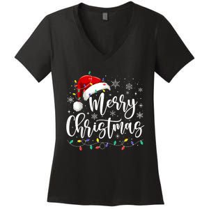 Merry Christmas Lights Red Santa Hat Xmas Family Women's V-Neck T-Shirt