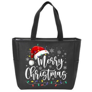 Merry Christmas Lights Red Santa Hat Xmas Family Zip Tote Bag