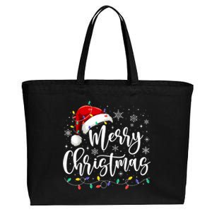 Merry Christmas Lights Red Santa Hat Xmas Family Cotton Canvas Jumbo Tote